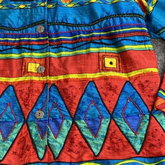 VTG Chico’s Jacket Womens 2 US L 12 Chinook Southwestern Aztec Beaded‎ Silk - Picture 3 of 16